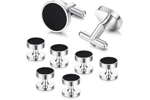 Adramata Mens Cufflinks and Studs Set Tuxedo Shirts Black Onyx Cufflinks for Men, Classic Tuxedo Buttons Match for Business W