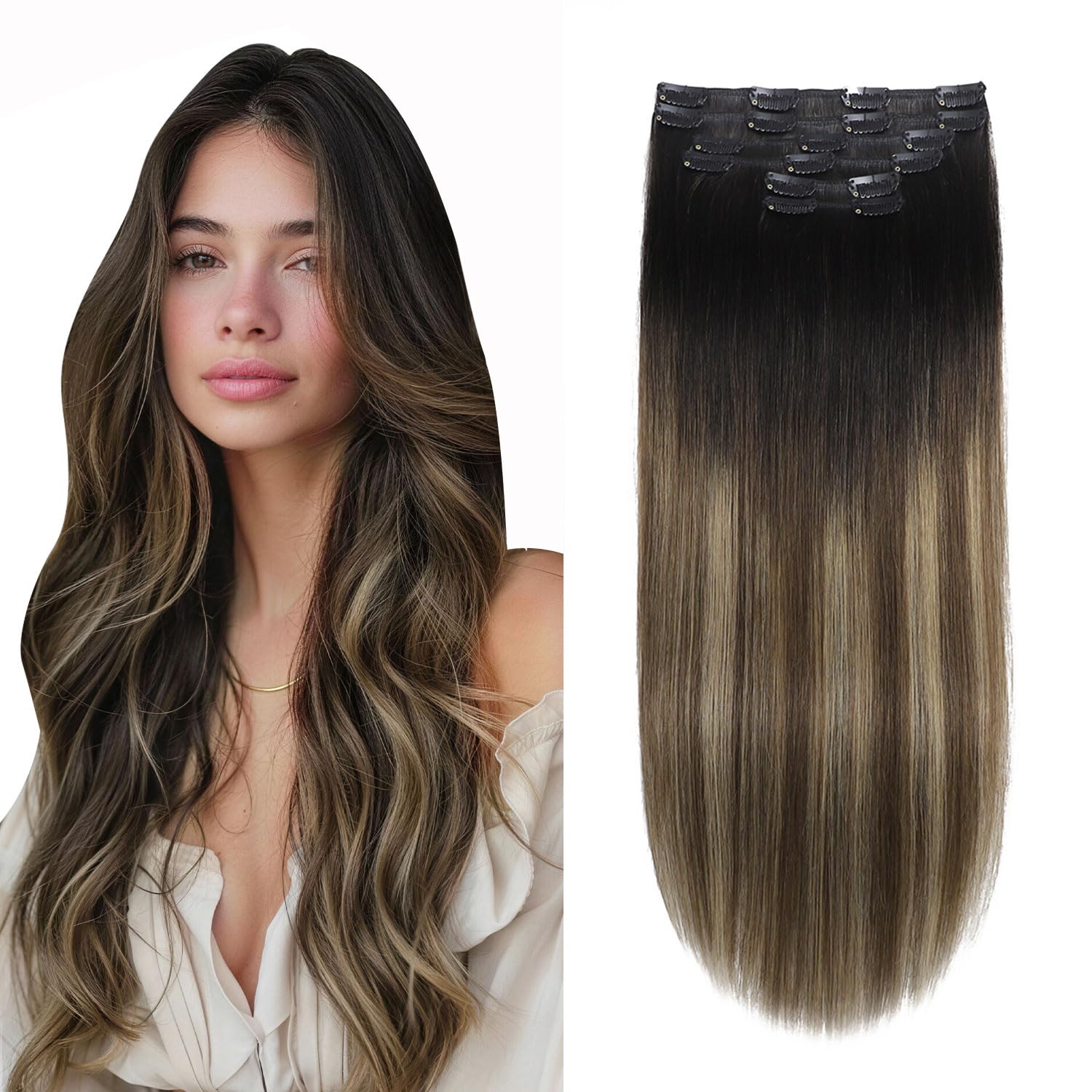 Clip in Hair Extensions 100g 6pcs 16Inch Ombre Natural Black to Dark Brown Mix Blonde Balayage Hair Extensions Silky Straight Human Hair Clip in Extensions for Women #1B/4/27 16inch