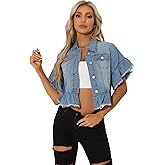 Allegra K Denim Jacket for Women's Button Down Ruffled Short Sleeve Lightweight Peplum Hem Jean Jacket