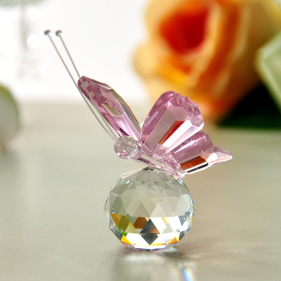 H&D Crystal Flying Butterfly with Ball Base Figurine Art Glass Collection Ornament Statue Animal Paperweight (pink) - Image 5