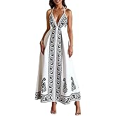 winkbay Women's Boho Print Halter Maxi Dress Summer Deep V Neck Flowy Dresses Beach Vacation Clothes