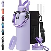 BENZZO Insulated Water Bottle 40oz - Triple Wall Metal Water Bottles with Straw & Spout Lid, Paracord Handle, Bottle Carrier Bag, Water Bottles Stainless Steel 40 oz