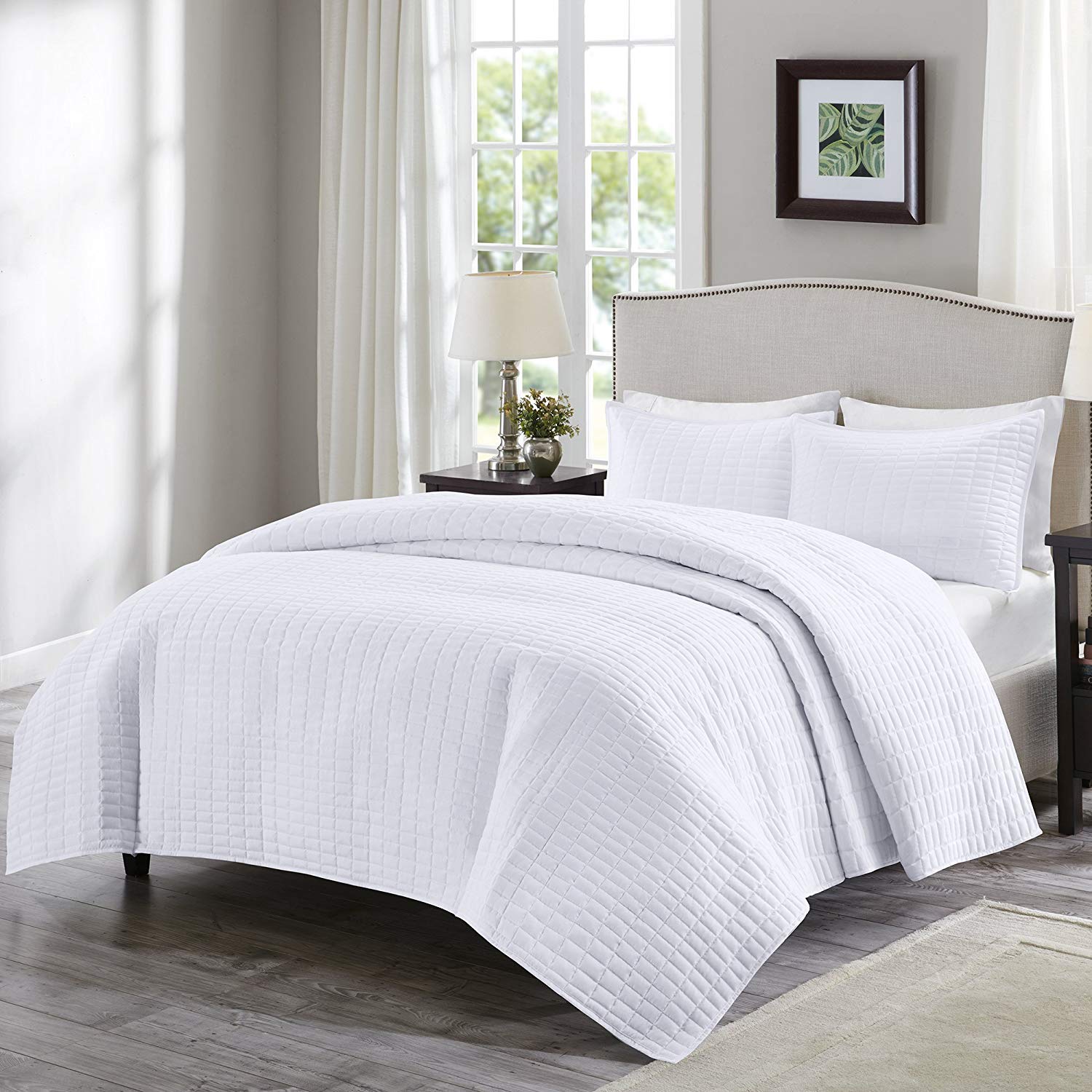 Comfort Spaces Kienna Quilt Coverlet Bedspread Ultra Soft Hypoallergenic All Season Lightweight Filling Stitched Bedding Set, Full/Queen 90"x90", White