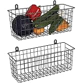 MaraFansie [Extra Large] Wire Basket 2-Pack Hanging Wall Organizer Cabinet Storage Basket Wall Mounted Shelves Rustic Farmhouse Decor for Home Kitchen Bathroom, BLACK