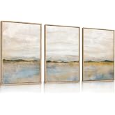 HLNIUC Large Abstract 3 Piece Wall Art 24x36, Neutral Distant Mountain Wall Decor, Watercolor Beige Dusty Nature Landscape Painting, Modern Pastel Scenery Art Prints for Living Room, Bedroom, Office