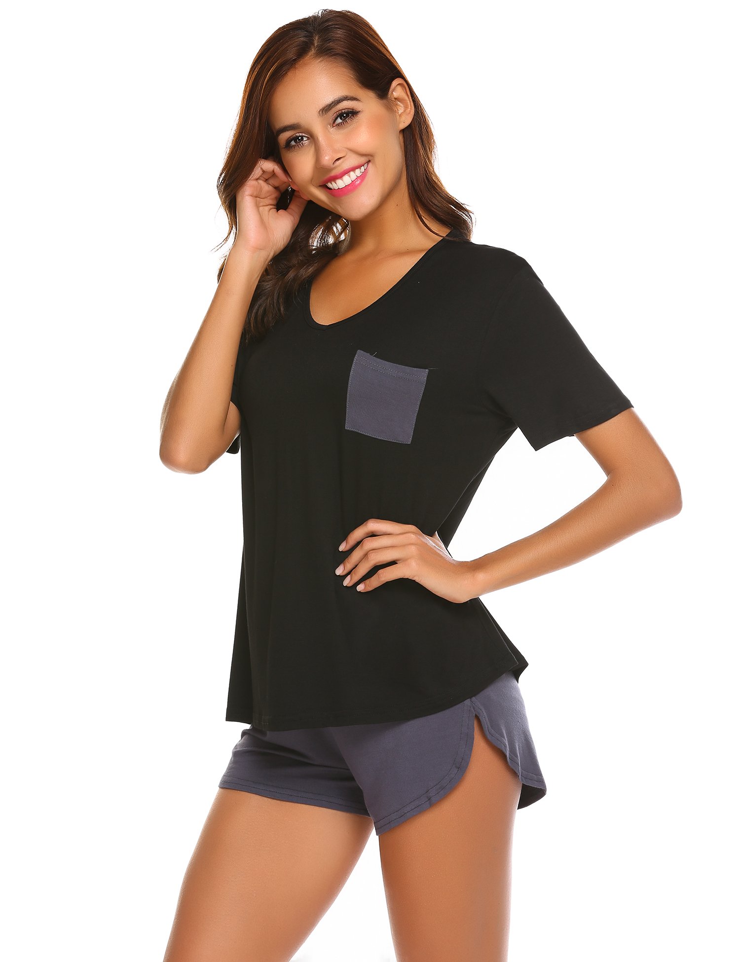 Ekouaer Womens Pajama Set Short Sleeve PJ Nightgown Sleepwear,Black,Large