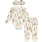 Disney Baby Girls Ribbed Bodysuit, Jogger Pants & Headband 3 Piece Outfit Set Newborn to Infant Sizes (Newborn - 24 Months)