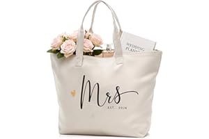 CARAKNOTS Women Tote Bag Wedding Bridal Shower Gifts for Bride Mrs Bag Canvas Shoulder Bag with Zip and Pocket