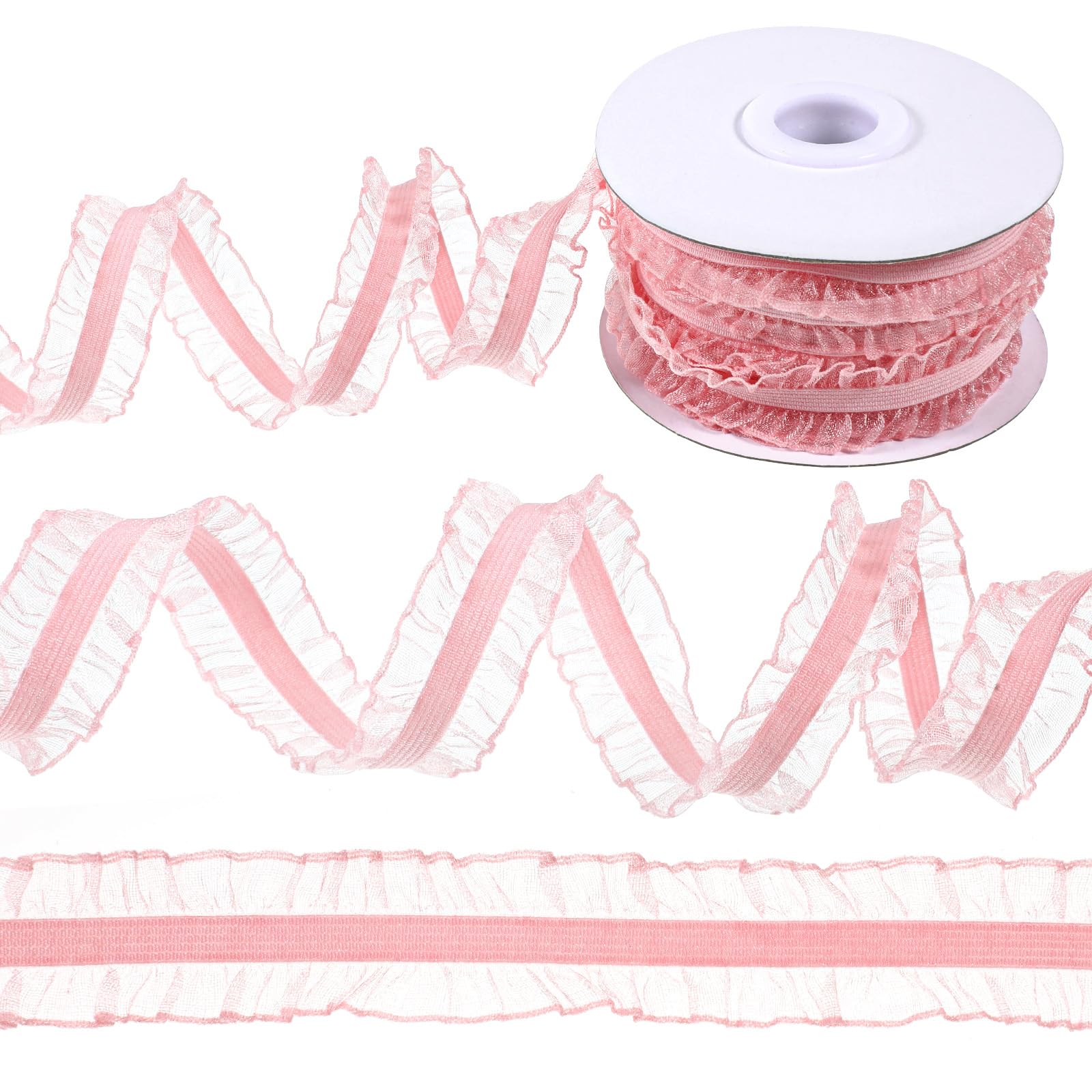 Photo 1 of 10 Yards Double Ruffle Lace Trim Pink Laces Trim Ribbons Pink Elastic Ruffle Ribbon Pleated Fabric Lace Ribbon 3/4 inch Wide for DIY Dress Headwear Decoration and Gift Wrapping