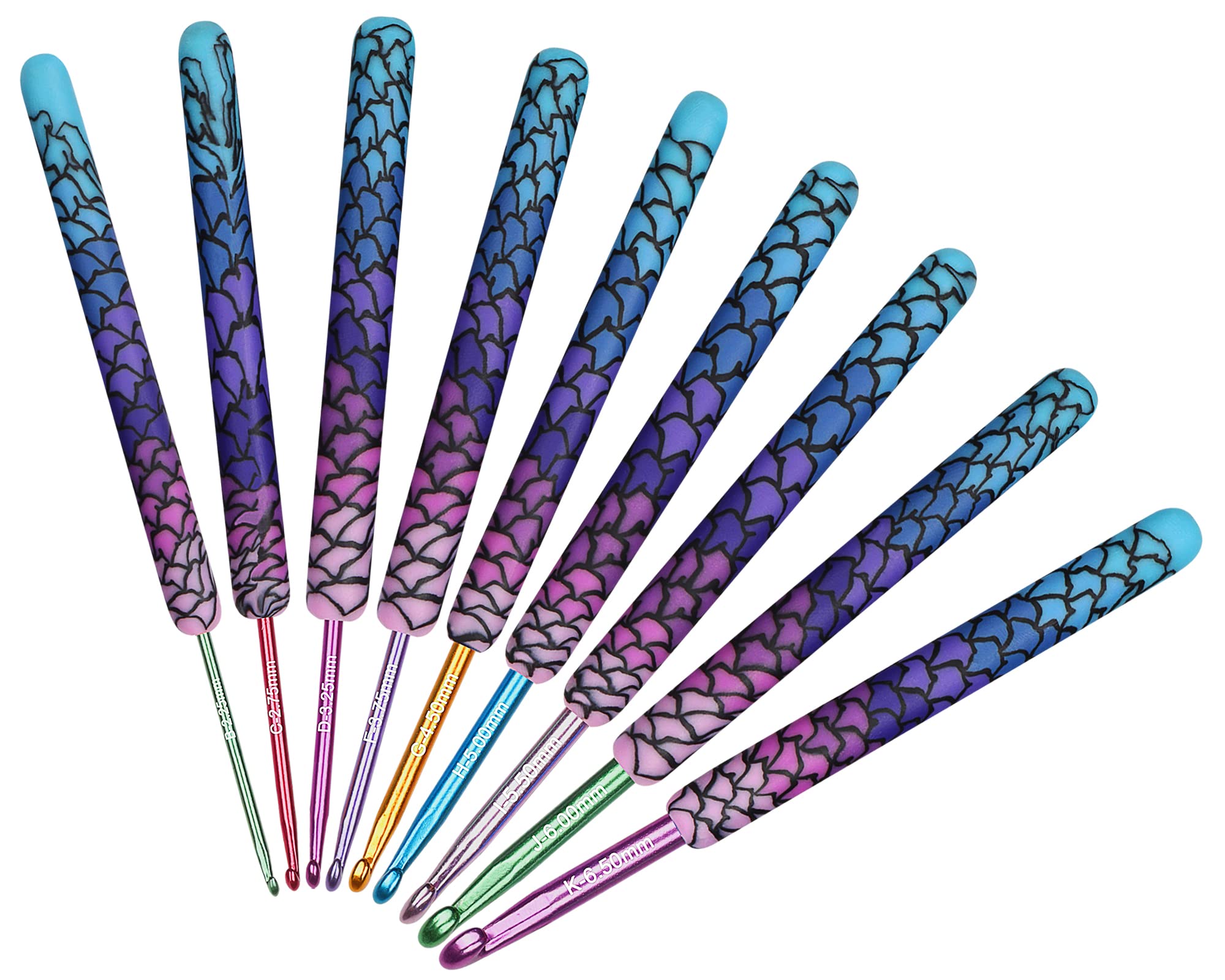 Aeelike Mermaid Crochet Hooks Set, 9 Pcs 2.25mm-6.5mm Metal Crochet Hooks with Pretty Patterned Polymer Handle, Warm Crochet Needles Set for Beginners Adults