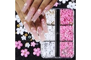SpexArt 3D Flower Nail Art Charms White Pink Nail Charms for Acrylic Nails Gold Silver Pearls Nail Supplies Rhinestones Spring Blossom Gems Nail Accessories for Women DIY Nail Decorations Design.