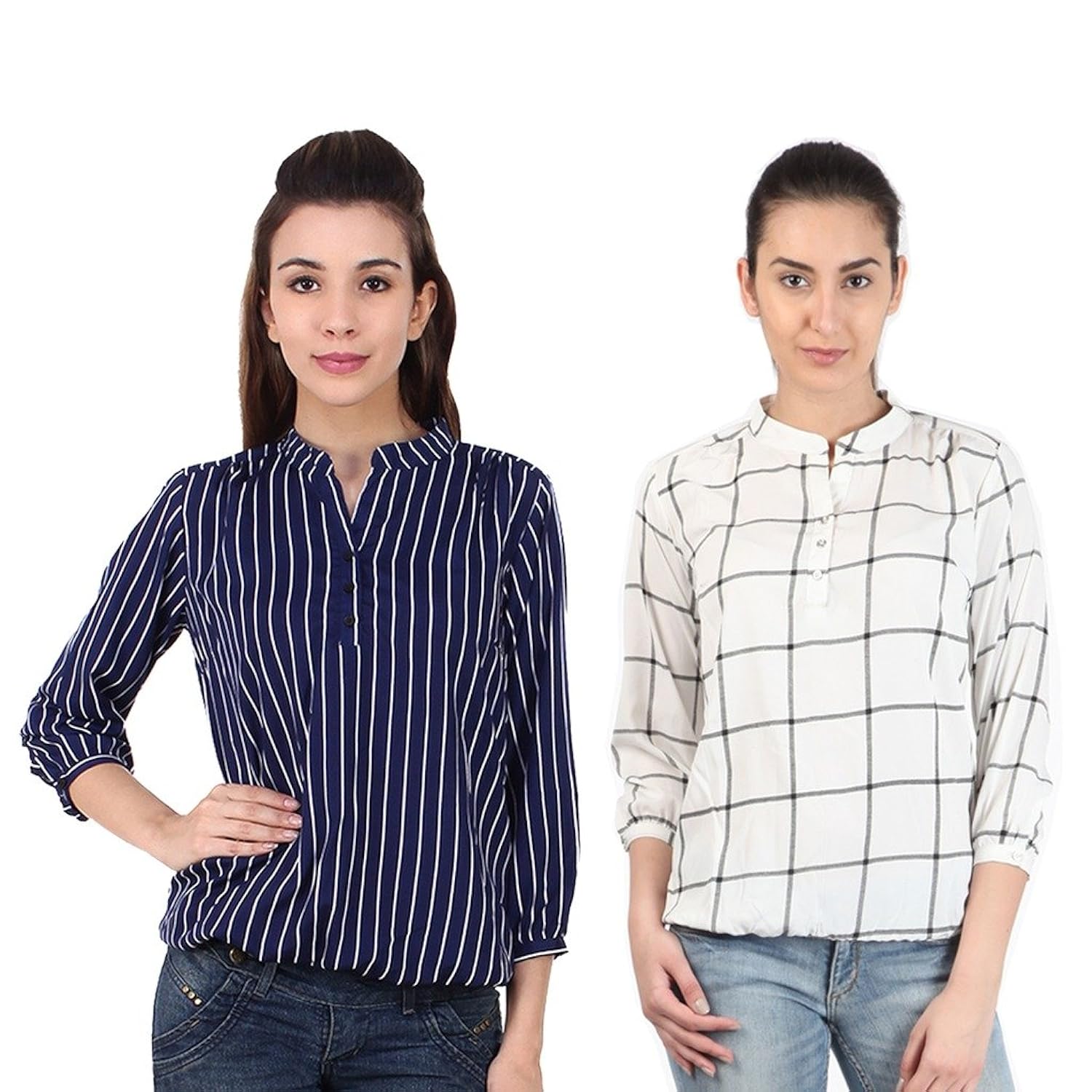 mallory winston 3/4 sleeve window pane and navy stripe women's balloon top.