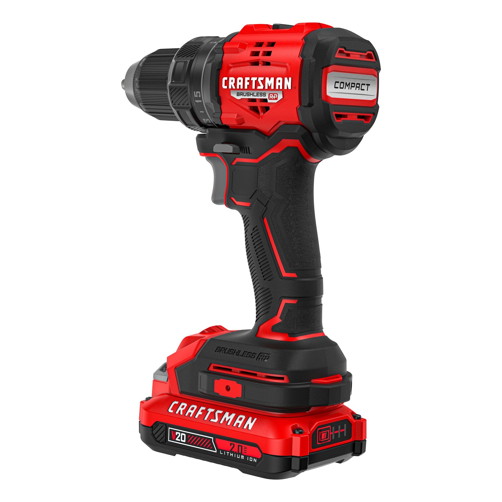 CRAFTSMAN V20 BRUSHLESS RP Compact Drill/Driver, Variable Speeed Trigger, Built In LED, Includes Battery and Charger (CMCD714D1)