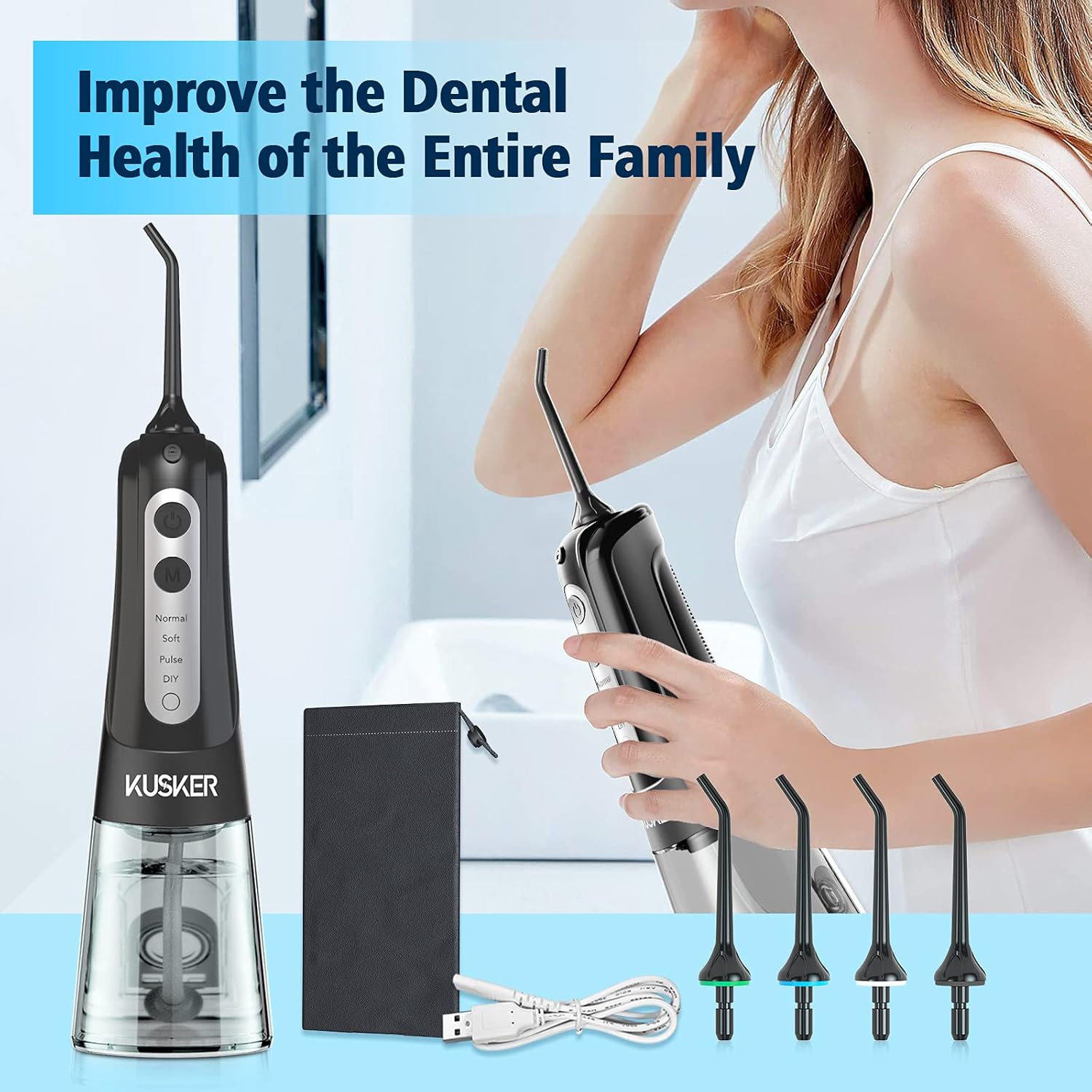 Water Flosser Cordless, KUSKER Portable Dental Oral Irrigator for Teeth, 4 Modes and 4 Jet Tips, IPX7 Waterproof, Rechargeable for 30-Days Use, Home, Travel, Braces, Bridges Care: Health & Personal Care