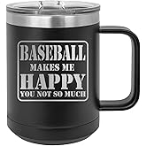 Rogue River Tactical Funny Baseball Makes Me Happy You Not So Much Heavy Duty Stainless Steel Black Coffee Mug Tumbler With Lid Novelty Cup Great Gift Idea For Dad Men Baseball Player or Fan