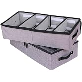 AARAINBOW Foldable Under Bed Clothes Organizer with Lid, Fabric Underbed Storage Container with Adjustable Dividers, Long UnderBed Storage Bins with Handles, Clear Shoes Storage Under Bed (2 Gray)
