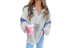 Fisoew Womens Color Block Oversized Sweatshirt V Neck Long Sleeve Casual Loose Pullover Tops