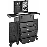 Joligrace Professional Rolling Makeup Case 4 Drawers Pro Makeup Artist Cosmetic Train Case Hairstylist Travel Case Portable Make Up Station with Multiple Compartments Extra Large - Black