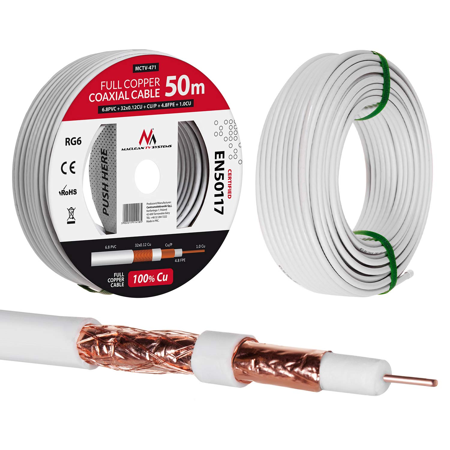 Maclean MCTV-471 Antennenkabel Koaxialkabel RG6 Reines Kupfer 100% Cu Koax Antennen Kabel SAT Satellitenkabel TV (50m)