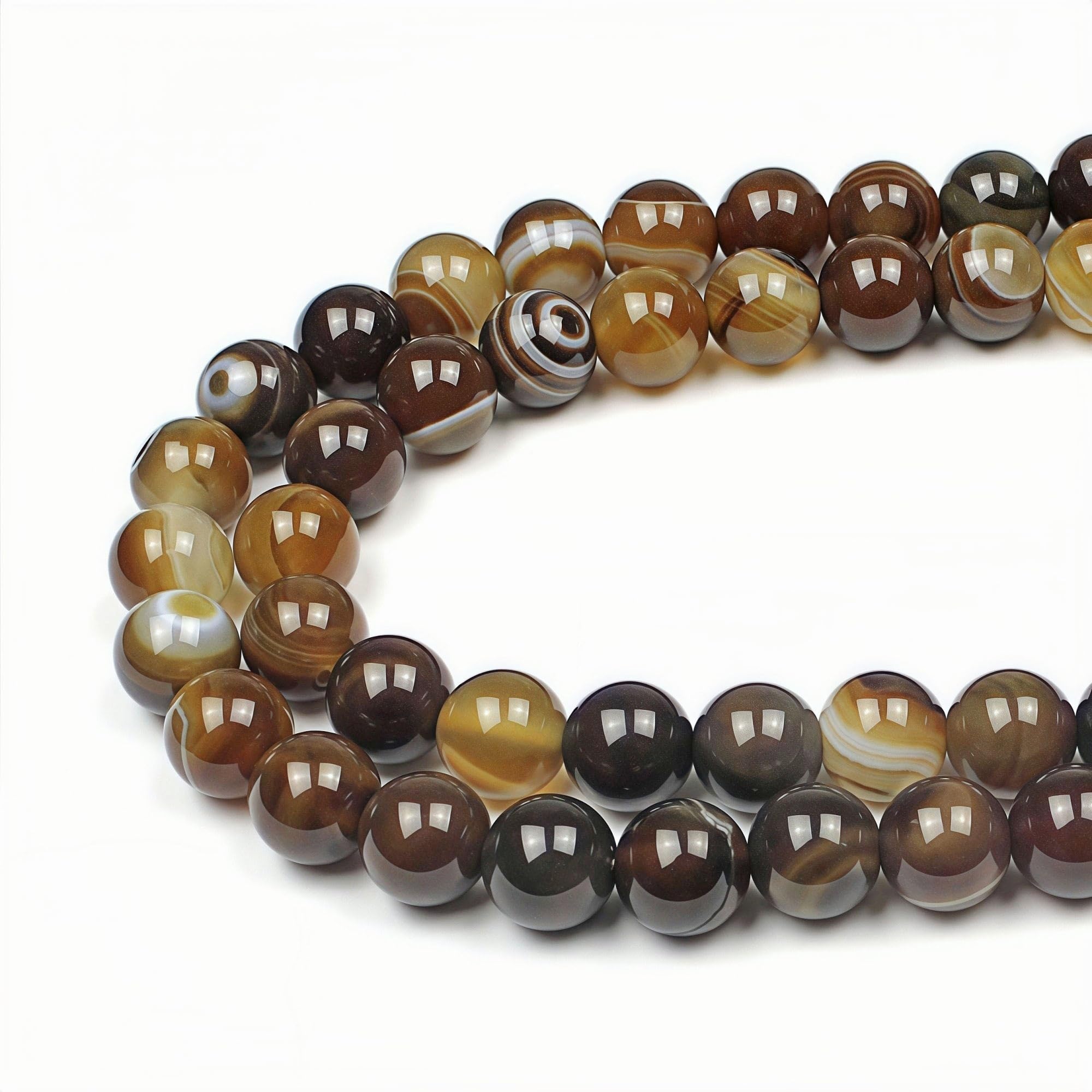 MJDCB Natural Round Stone Beads 8mm Coffee Striped Agate Loose Gemstone Beads for Jewelry Making Bracelet Necklace 43pcs