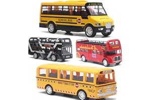 OTONOPI Bus Toys Die Cast Metal Toy Cars Pull Back School Bus Double Decker London Vehicles Friction Powered City Sightseeing Tour Bus Play Vehicle Toy Set for Kids 4 Pack