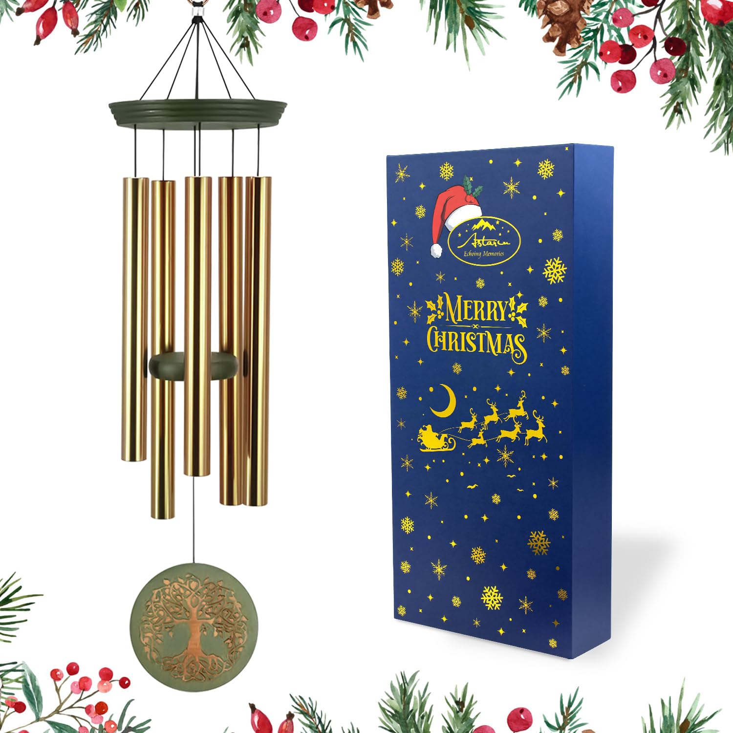 Wind Chimes for Outside, Outdoor Wind Chimes with Tree of Life Engraving, Garden Decor for Mom & Grandma, Deep Tone Metal Chimes for Yard, Home, Birthday Box Included Image