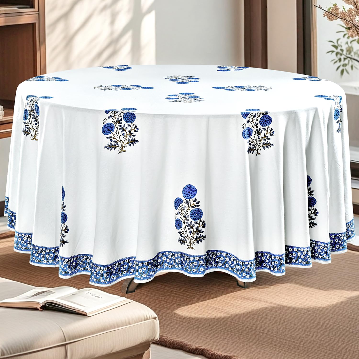 Ridhi Lapis Blue 100% Cotton Round 132 Tablecloth