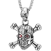 COOLSTEELANDBEYOND Skull Crossbones Necklace for Men Gothic Pirate Pendant with Red Eyes and Runes, Steel Biker Jewelry