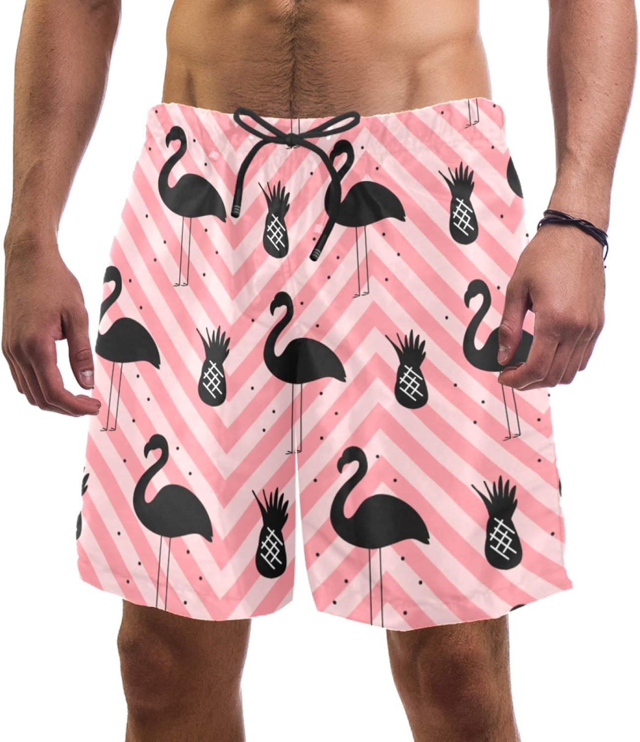 Abenily Tropical Flamingos Pink Wave Background Mens Swim Shorts with