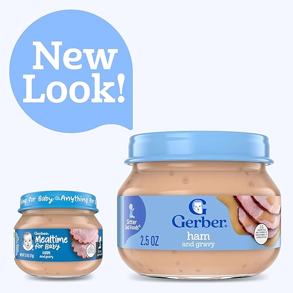 GERBER STAGE 2 BABY FOOD, HAM AND GRAVY JAR, BABY FOOD PUREE, BABY MEALTIME, BABY PUREE JARS GLASS