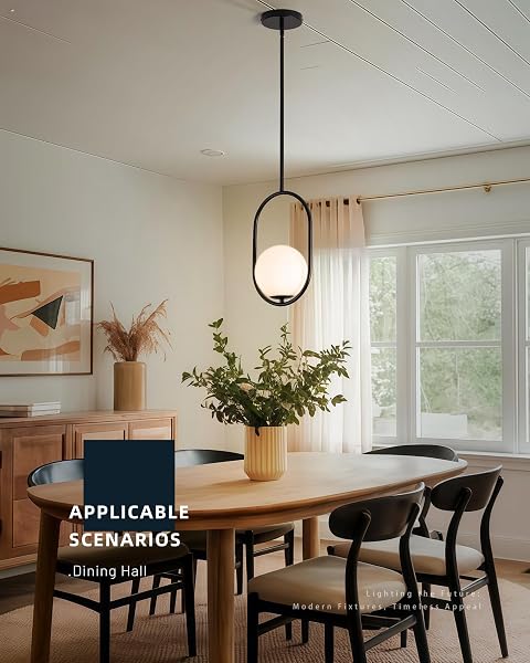 PUNCOLL BLACK PENDANT LIGHTS – 1-LIGHT PENDANT LIGHTS KITCHEN ISLAND WITH MILKY WHITE GLOBE GLASS – MID CENTURY PENDANT LIGHT FIXTURES – BLACK HANGING LIGHTS FOR KITCHEN H9376-MGBK