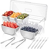 Large Ice Chilled Condiment Server Caddy with 5 Stainless Steel Removable Compartments, Clear Plastic Garnish Tray with Lid, 5 Forks and 2 Tongs, Fruit, Salad, Taco, Bar Platter for Party Bar Supplies