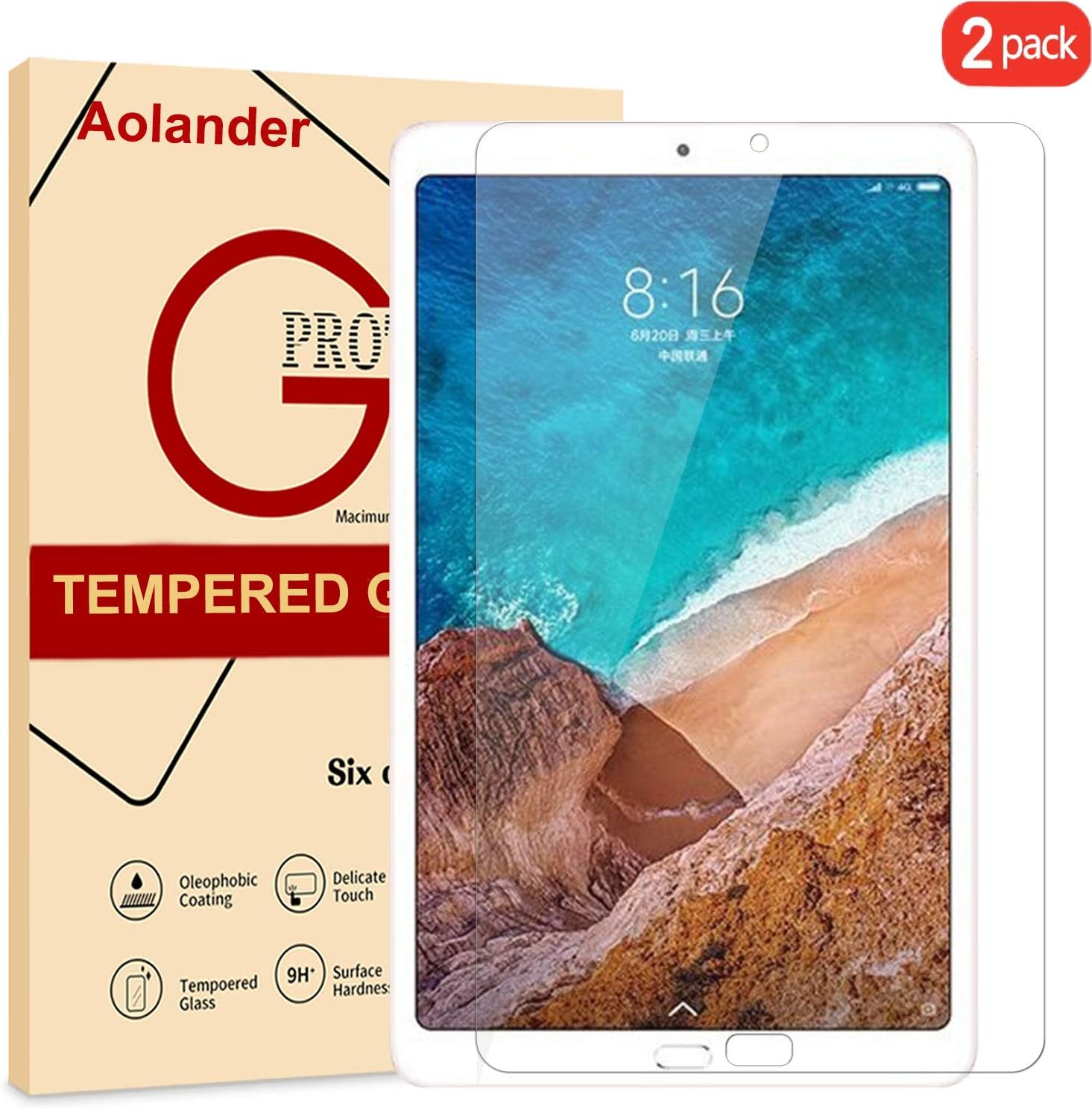 [2-Pack] Aolander Xiaomi Mi Pad 4 Plus Screen Protector, [2.5D Round Edge] [9H Hardness] [High Definition] [Bubble Free] Tempered Glass Screen Protector for Xiaomi Mi Pad 4 Plus