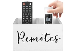 SIBRANT Remote Control Holder With 2 Compartments, TV Organizer for Table, Bedside Caddy Wooden Box for Nightstand, Media Storage Box for Living Room, Bed (White)