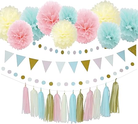 31pcs Baby Blue Pink Cream Gold Tissue Paper Pompom Gender Reveal