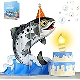 D4DREAM Fishing Musical Birthday Cards for Kids - Blowout Candle Music and Lights 3D Cod Fish Handmade Pop Up Birthday Cards with Envelope, Note Tag, Bday Gifts for Boys Son Dad Husband Men Women