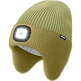 ATNKE LED Lighted Lined Fleece Beanie Cap with Earflap, USB Rechargeable 4 LED Run Headlamp Hat Gifts for Men and Women