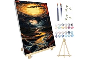 hyzsj Paint by Numbers Kit for Adults with Frame, Landscape Paint by Number Canvas, Mountain Paint by Numbers with Easel, DIY Moon Scenery Paint by Number Kits for Home Wall Decor（11.8x15.7inch