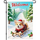 IVN Winter Welcome Garden Flag 12x18 Inch Double Sided Corgi Dog Sled Holiday Outdoor Yard Flag for Front Porch Patio Entryway Winter Decor
