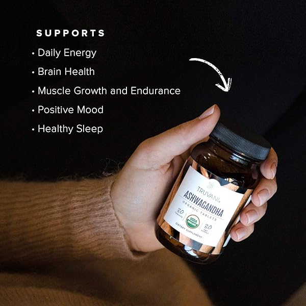 TRUVANI ORGANIC ASHWAGANDHA | DAILY ENERGY, POSITIVE MOOD SUPPORT, SUPPORTS BRAIN HEALTH | SUPPORTS MUSCLE GROWTH AND ENDURANCE | HEALTHY SLEEP SUPPORT | NON-GMO | 30 DAY SUPPLY