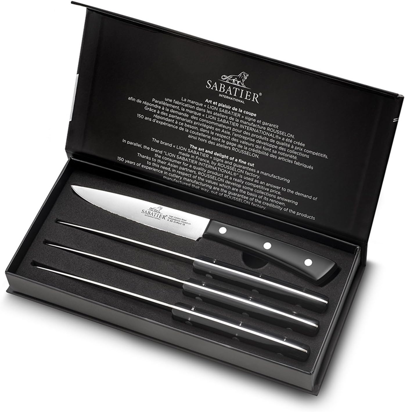 Sabatier International Knife Set with 4 steak knives, stainless steel blades, black handles | AMBOISE series