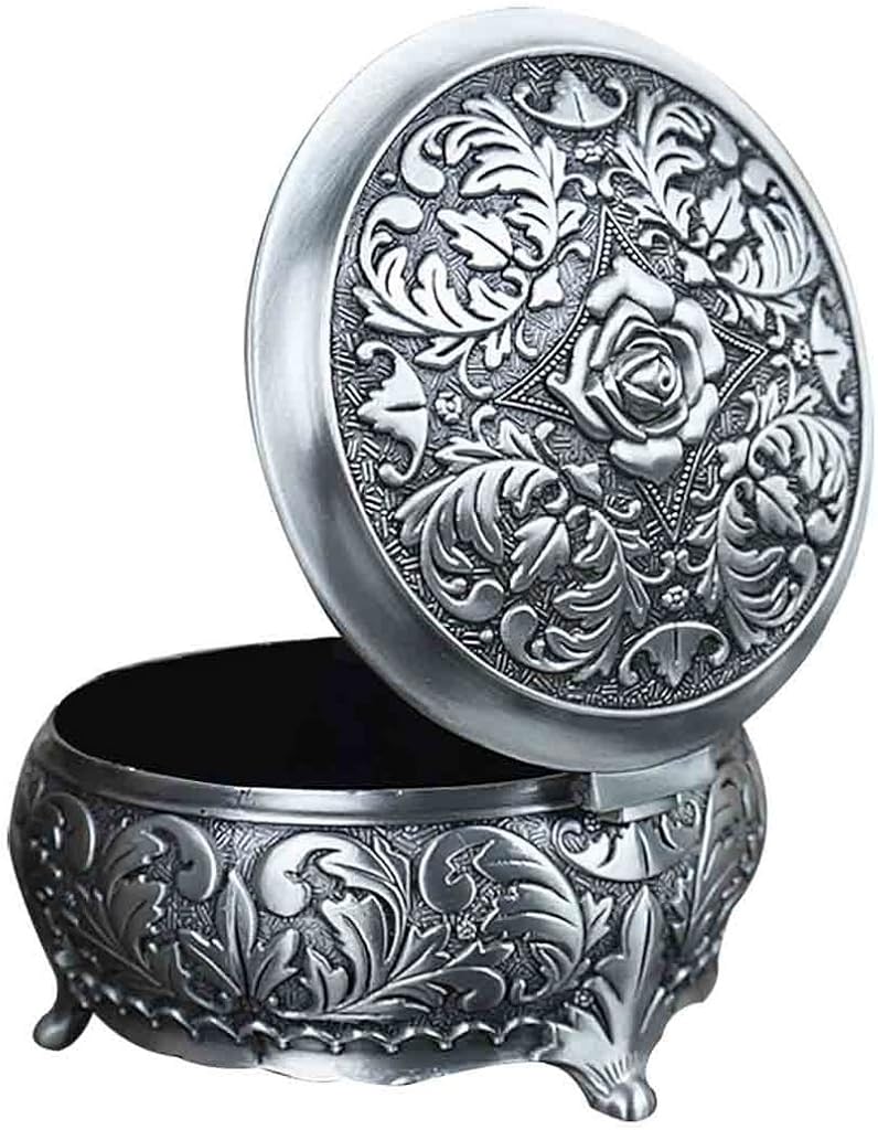 Infinite U Luxury Small Round Shape Rose Engraving Women/Girls Metal Trinket Jewellery Box Antique Silver