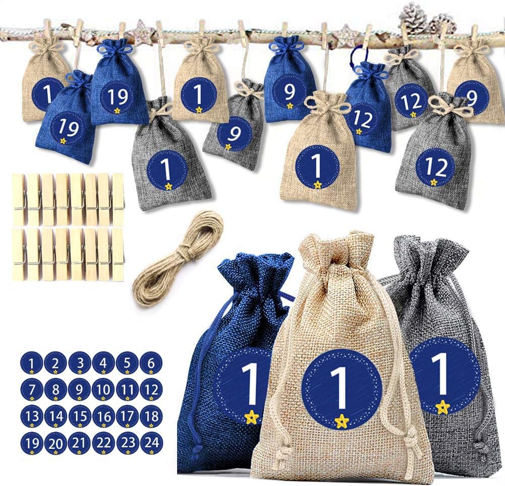 24 Packs Burlap Drawstring Bags for DIY Advent Calendar with 1-24 Advent Numbers Stickers Decroation (Beige&Blue&Grey)
