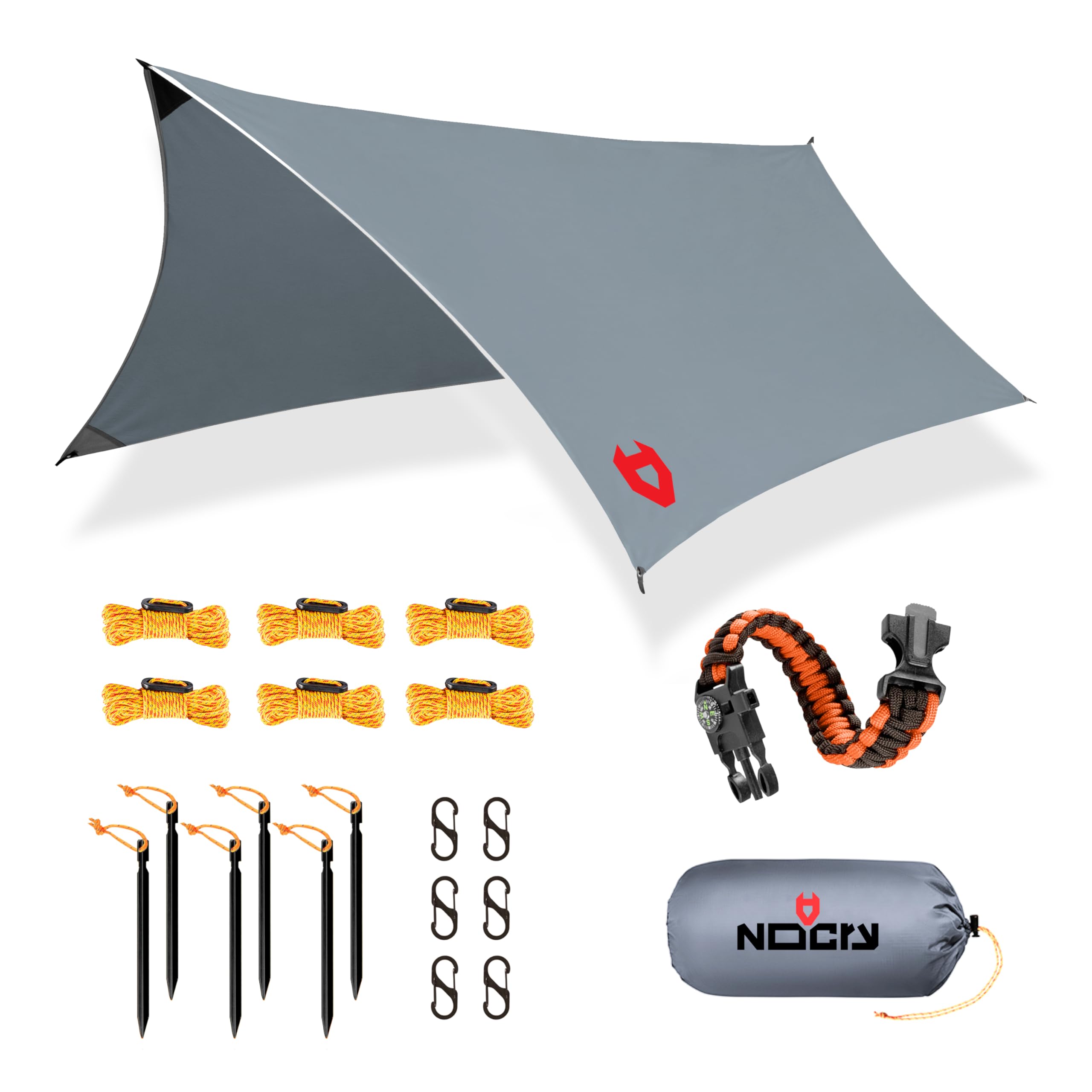 Rain Fly by NoCry 3 x 3,65 m Lightweight Camping Tarp; 100% Waterproof; Makes a Great Backpacking Tarpaulin, Basha or Hammock Shelter; with Survival Bracelet; Grey
