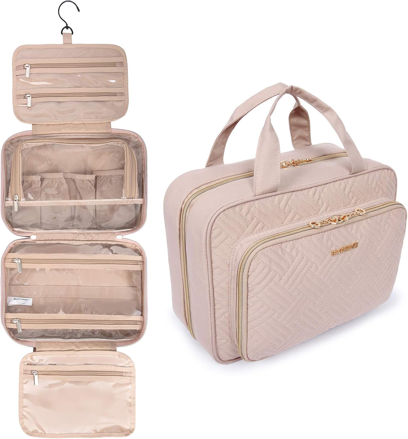 BAGSMART Toiletry Bag Hanging Travel Makeup Organizer with TSA Approved Transparent Cosmetic Bag Makeup Bag for Full Sized Toiletries, Medium-Pink