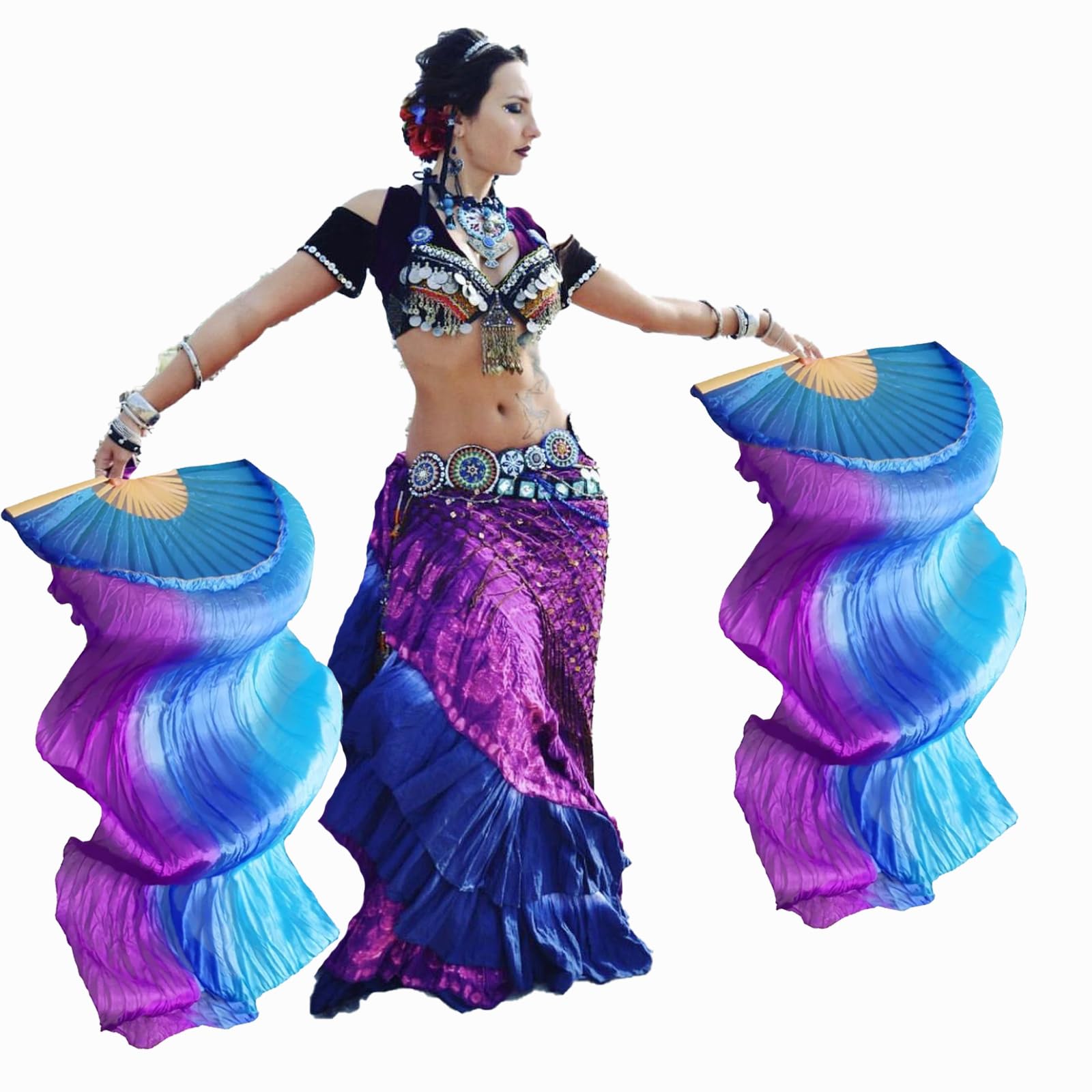 Belly Dancwe Fan 1 Pair (Left+Right) Handmade 99% Silk Imitation Silk Ribs Long Silk Fans Dancing Fans Dance Silk Veils Long Fans Dance Performance (Blue-Imitation silk)