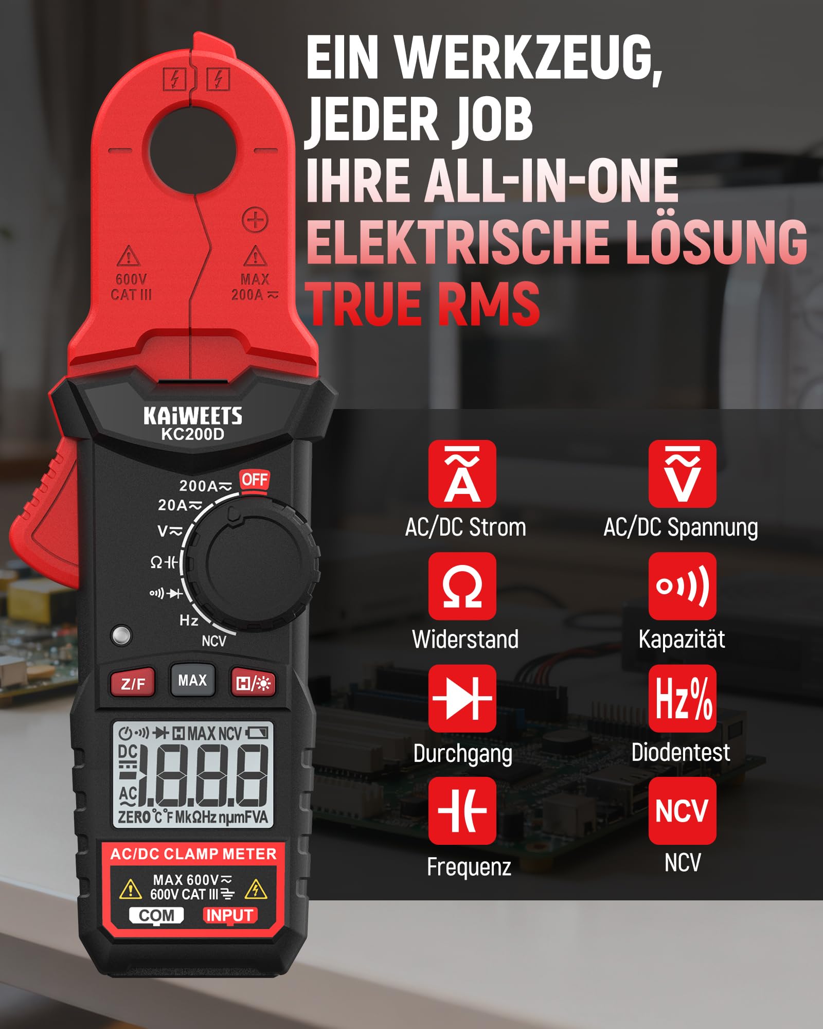 KAIWEETS Stromzange Digital True RMS, Mini Strommesszange AC/DC 2000 Counts NCV Spannungsprüfer Widerstands, Kapazitäts, Dioden, Frequenz für Elektriker, Auto Reparatur & HVAC Wartung 3