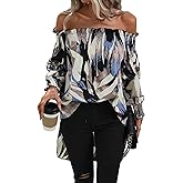 OYOANGLE Women's Off Shoulder High Low Tunic Tops Allover Print Long Puff Sleeve Blouse