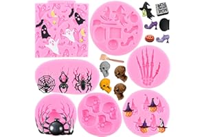 Mujiang Halloween Silicone Mold Pumpkin Silicone Cake Mold Skull Skeleton Hand Cupcake Chocolate Mold Ghost Witch Bat Candy Mold For Halloween Party Cake Decorating Gum Paste Polymer Clay Set Of 7