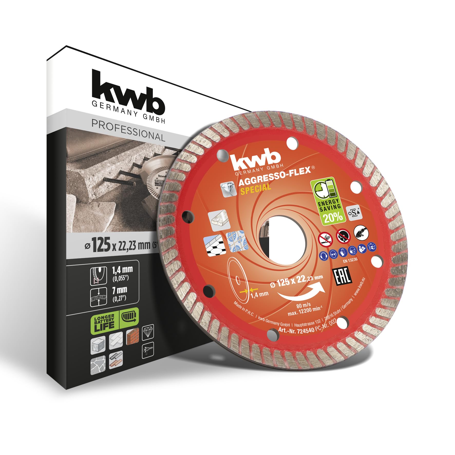 kwb Aggresso-Flex® Diamond Cutting Disc Ø 125 Mm with Extra Thin Turbo Edge, Sintered, Long Service Life, with 22.23 Mm Bore and Side Holes